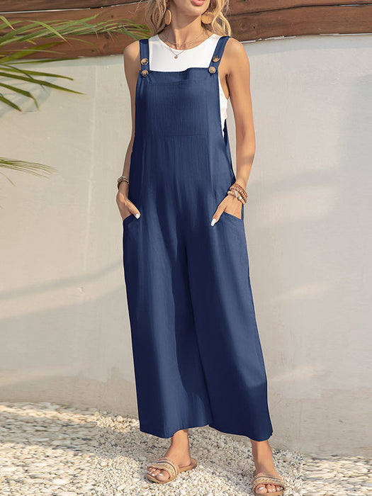 Loose Wide Leg Solid Color Square-Neck Overalls by migunica