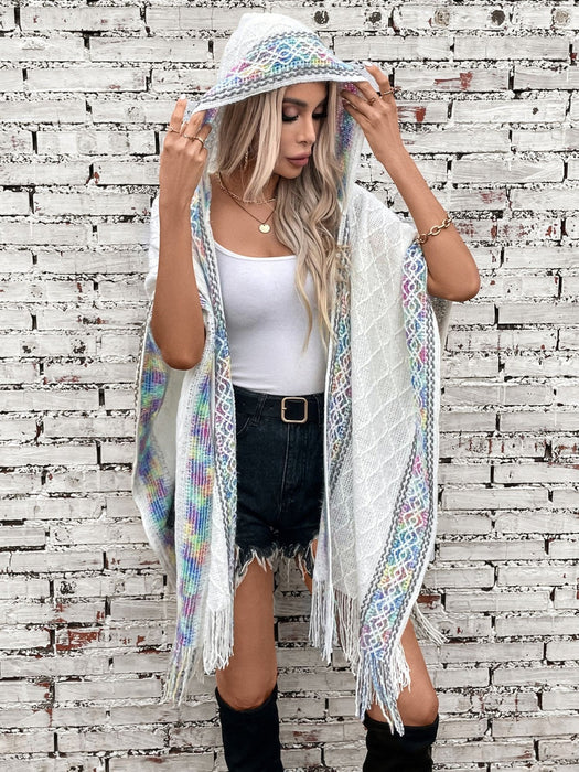 Fringe Half Sleeve Hooded Poncho