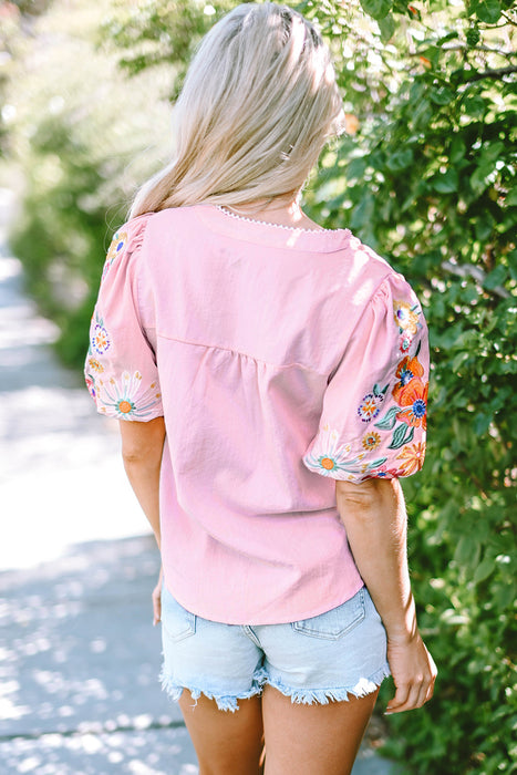 Floral Embroidered Puff Sleeve Split Neck Blouse