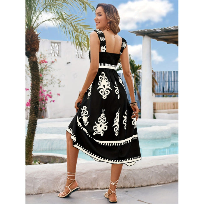 Printed Square Neck Wide Strap Midi Dress