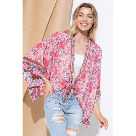 Light Woven Squared Open Kimono Cardigan With Tie