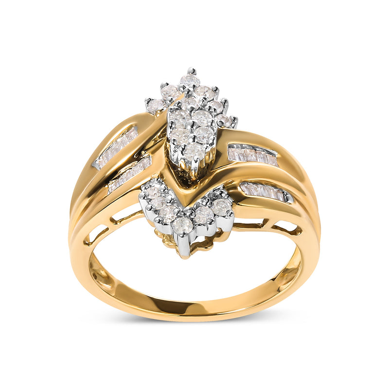 Bids.com 10K Two-Toned 1/2 Cttw Round And Baguette-Cut Composite Pear Head Diamond Ring (H-I Color, I2-I3 Clarity) - Ring Size 7 Rings