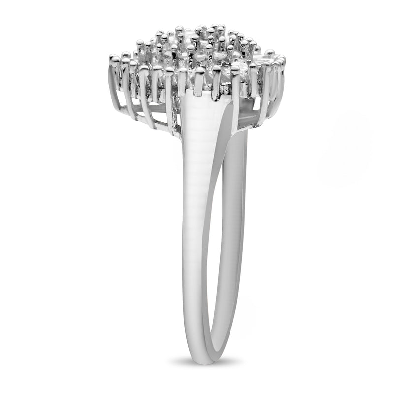 Bids.com 10K White Gold 1/2 Cttw Round & Baguette Cut Diamond Pear Shaped Domed PavÃ© Cluster with Halo Cocktail Ring (H-I Color, SI1-SI2 Clarity) - Size 5 Rings