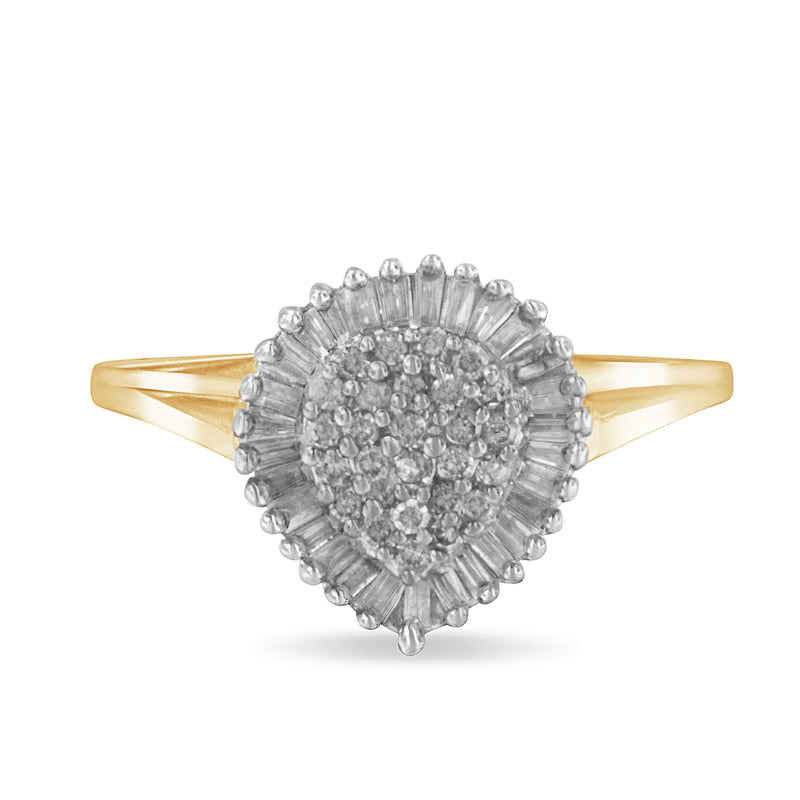 Bids.com 10K Yellow Gold 1/2 Cttw Round & Baguette Cut Diamond Pear Shaped Domed PavÃ© Cluster with Halo Cocktail Ring (J-K Color, I1-I2 Clarity) - Size 4-1/4 Rings