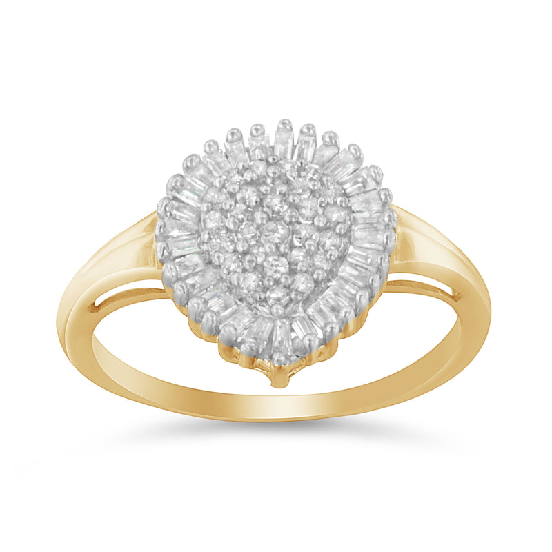 Bids.com 10K Yellow Gold 1/2 Cttw Round & Baguette Cut Diamond Pear Shaped Domed PavÃ© Cluster with Halo Cocktail Ring (J-K Color, I1-I2 Clarity) - Size 4-1/4 Rings