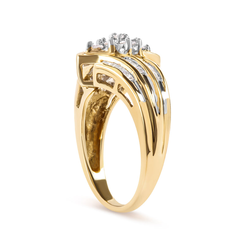 Bids.com 10K Yellow Gold 1/2 Cttw Round And Baguette-cut Diamond Cluster Head and Channel Set Shank Ring (H-I Color, I1-I2 Clarity) - Ring Size 7 Rings