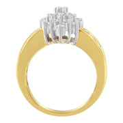 Bids.com 10K Yellow Gold 1.0 Cttw Round & Baguette Cut Diamond Floral Cluster Double-Channel Flared Band Statement Ring (H-I Color, SI2-I1 Clarity) - Size 6-1/2 Rings