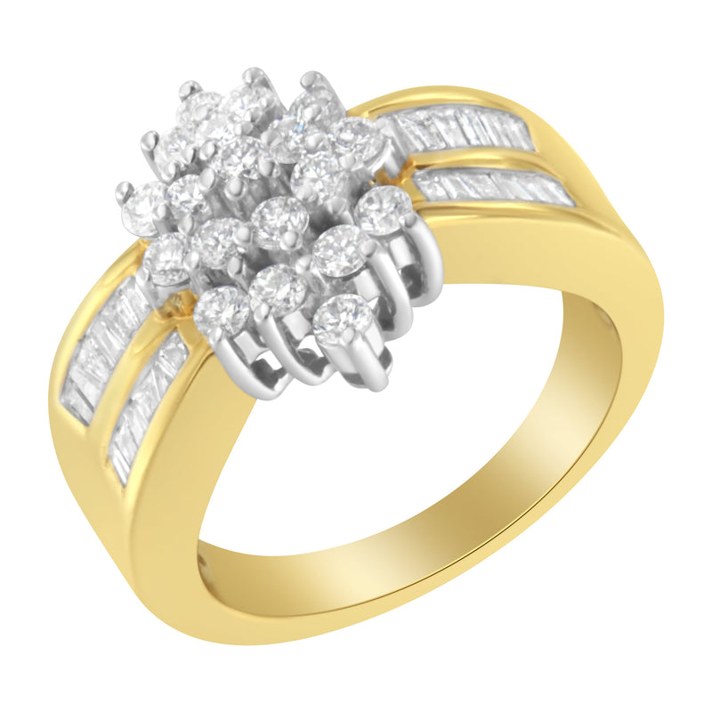 Bids.com 10K Yellow Gold 1.0 Cttw Round & Baguette Cut Diamond Floral Cluster Double-Channel Flared Band Statement Ring (H-I Color, SI2-I1 Clarity) - Size 6-1/2 Rings