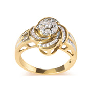 Bids.com 10K Yellow Gold 1/2 Cttw Round and Baguette Diamond Flower Swirl Cocktail Ring (I-J Color, SI2-I1 Clarity) - Ring Size 7 Rings