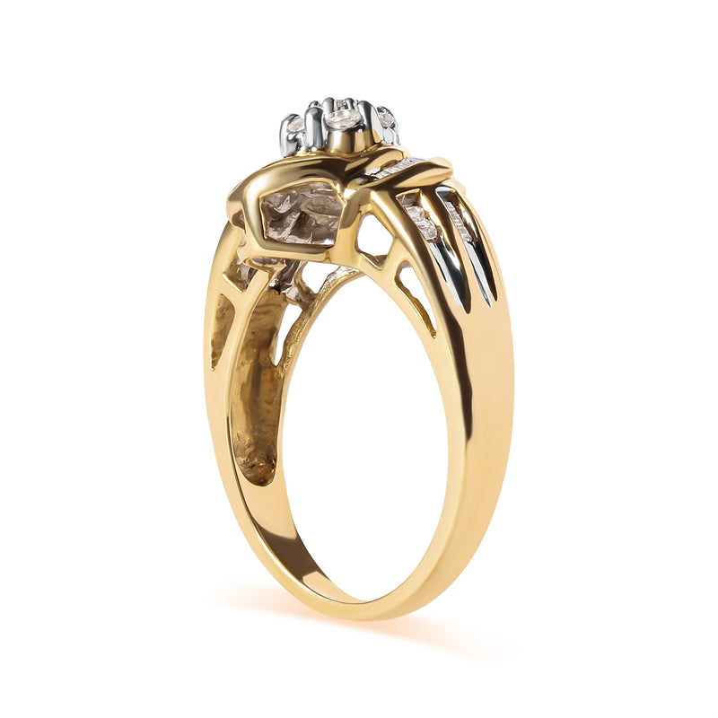 Bids.com 10K Yellow Gold 1/2 Cttw Round and Baguette Diamond Flower Swirl Cocktail Ring (I-J Color, SI2-I1 Clarity) - Ring Size 7 Rings