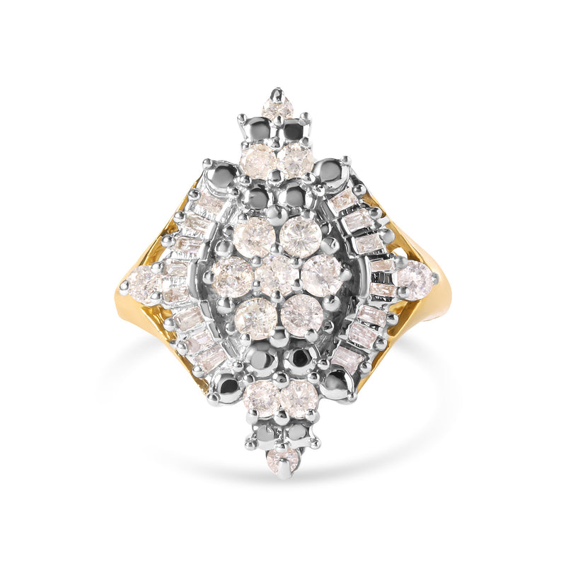 Bids.com 10K Yellow Gold 1 Cttw Round and Baguette cut Diamond Cluster and Rhombus Halo Ring (H-I Color, I1-I2 Clarity) - Ring Size 7 Rings