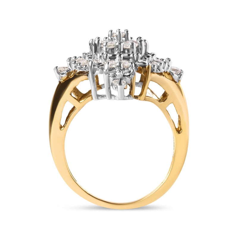 Bids.com 10K Yellow Gold 1 Cttw Round and Baguette cut Diamond Cluster and Rhombus Halo Ring (H-I Color, I1-I2 Clarity) - Ring Size 7 Rings