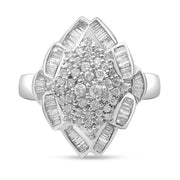 Bids.com 14K White Gold 7/8 Cttw Round and Baguette-Cut Diamond Cluster Ring (H-I Color, SI2-I1 Clarity) - Size 7 Rings