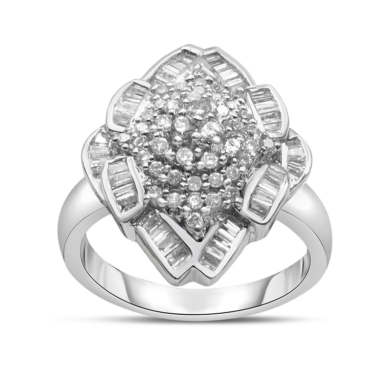 Bids.com 14K White Gold 7/8 Cttw Round and Baguette-Cut Diamond Cluster Ring (H-I Color, SI2-I1 Clarity) - Size 7 Rings