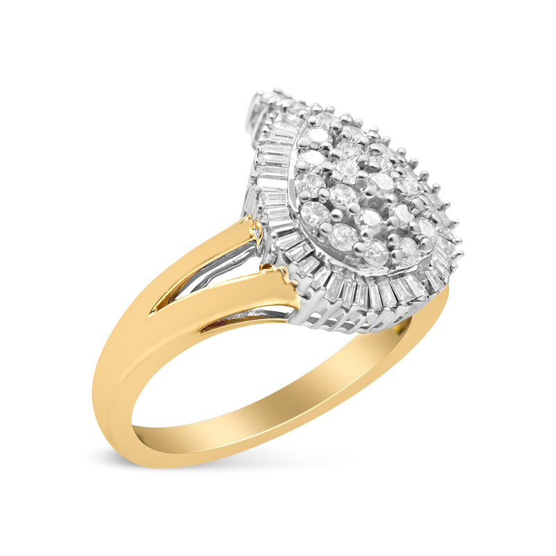 Bids.com 14K Yellow and White Gold 1.00 Cttw Round and Baguette-Cut Diamond Ballerina Cocktail Ring (H-I Color, SI2-I1 Clarity) Rings