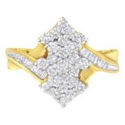 Bids.com 10K Yellow Gold Round And Baguette Cut Diamond Cluster Ring (1 1/10 Cttw, H-I Color, SI2-I1 Clarity) - Size 7 Rings