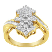 Bids.com 10K Yellow Gold Round And Baguette Cut Diamond Cluster Ring (1 1/10 Cttw, H-I Color, SI2-I1 Clarity) - Size 7 Rings