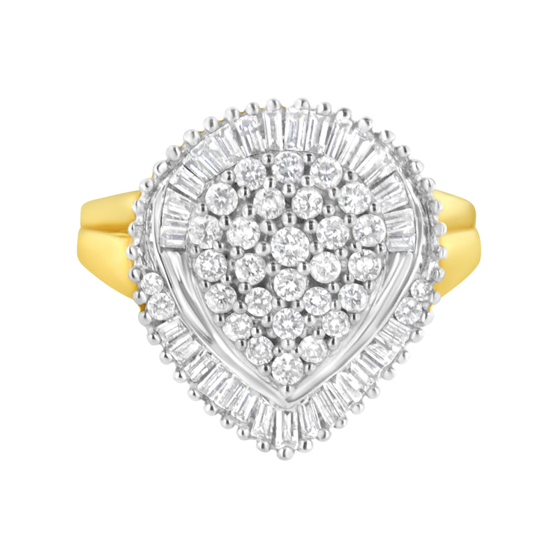 Bids.com 10K Yellow Gold 1.0 Cttw Round and Baguette Cut Diamond Oval Shaped Cluster Ring (I-J Color, I1-I2 Clarity) - Size 7 Rings