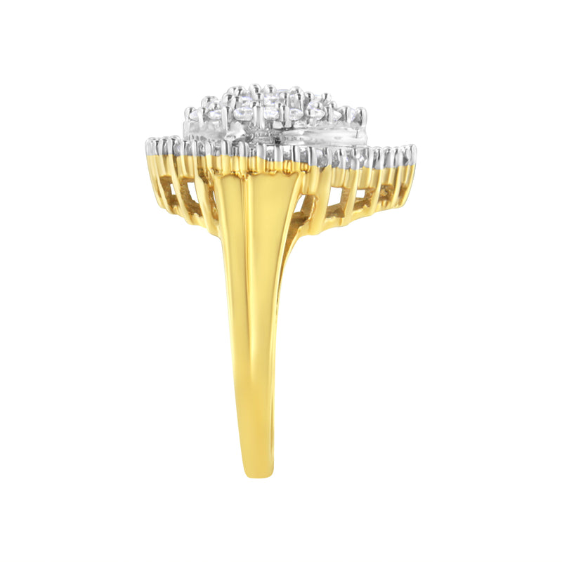 Bids.com 10K Yellow Gold 1.0 Cttw Round and Baguette Cut Diamond Oval Shaped Cluster Ring (I-J Color, I1-I2 Clarity) - Size 7 Rings