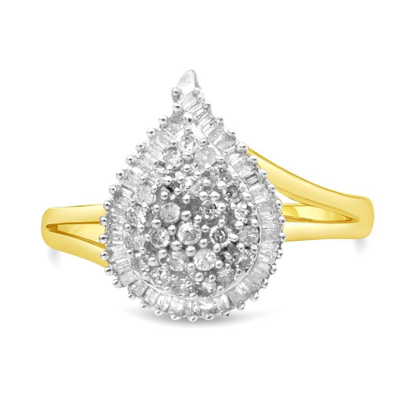 Bids.com 10K Yellow Gold 1/2 Cttw Round and Baguette-Cut Diamond Pear Ring (I-J Color, I1-I2 Clarity) - Size 7 Rings