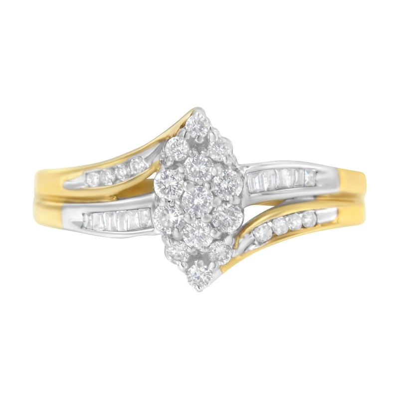 Bids.com 10K Yellow and White Gold 1/2 Cttw Diamond Marquise Shaped Cluster Split Shank Ring (H-I Color, SI2-I1 Clarity) - Size 7 Rings