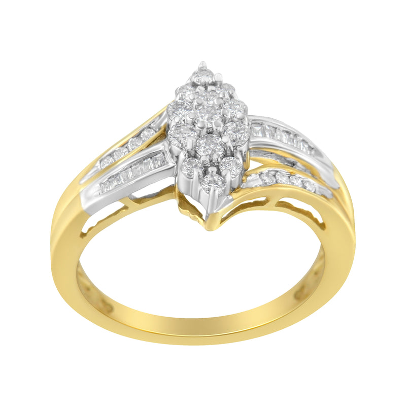 Bids.com 10K Yellow and White Gold 1/2 Cttw Diamond Marquise Shaped Cluster Split Shank Ring (H-I Color, SI2-I1 Clarity) - Size 7 Rings