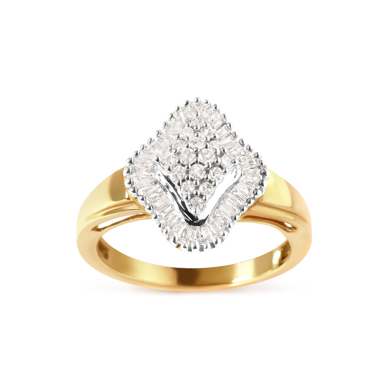 Bids.com 10K Yellow Gold 1/2 Cttw Round And Baguette-cut Diamond Rhombus Head and Halo Ring (I-J Color, I1-I2 Clarity) - Ring Size 7 Rings