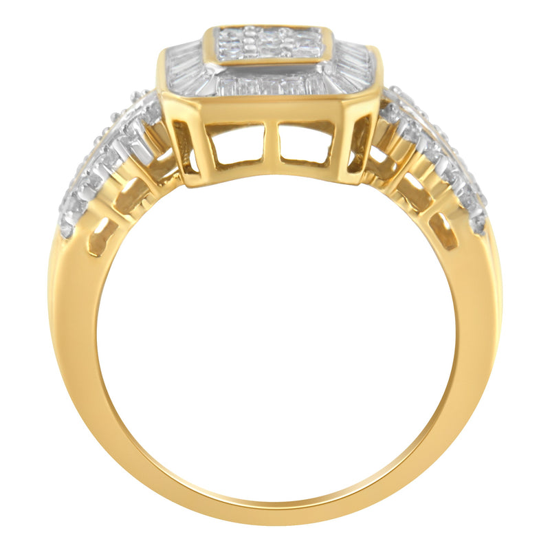 Bids.com 10K Yellow Gold Round and Baguette-Cut Diamond Cluster Ring (1.0 Cttw, I-J Color, SI1-SI2 Clarity) - Size 7 Rings