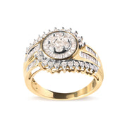 Bids.com 10K Yellow Gold 1 Cttw Round and Baguette cut Diamond Cluster Swirl Band Ring (H-I Color, I1-I2 Clarity) - Ring Size 7 Rings