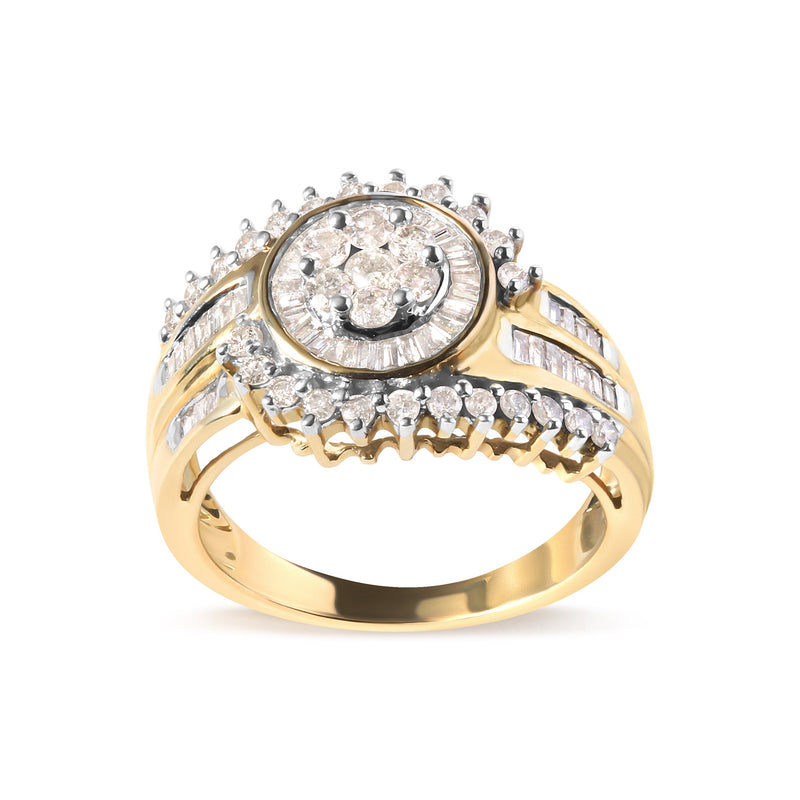 Bids.com 10K Yellow Gold 1 Cttw Round and Baguette cut Diamond Cluster Swirl Band Ring (H-I Color, I1-I2 Clarity) - Ring Size 7 Rings