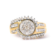 Bids.com 10K Yellow Gold 1 Cttw Round and Baguette cut Diamond Cluster Swirl Band Ring (H-I Color, I1-I2 Clarity) - Ring Size 7 Rings