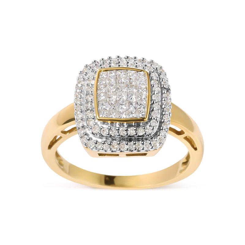 Bids.com 10K Yellow Gold 1/2 cttw Round and Princess Diamond Composite Head and Halo Ring (H-I Color, SI1-SI2 Clarity) - Ring Size 7 Rings
