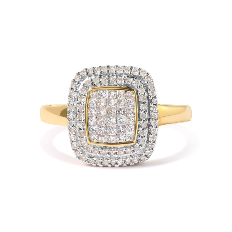 Bids.com 10K Yellow Gold 1/2 cttw Round and Princess Diamond Composite Head and Halo Ring (H-I Color, SI1-SI2 Clarity) - Ring Size 7 Rings