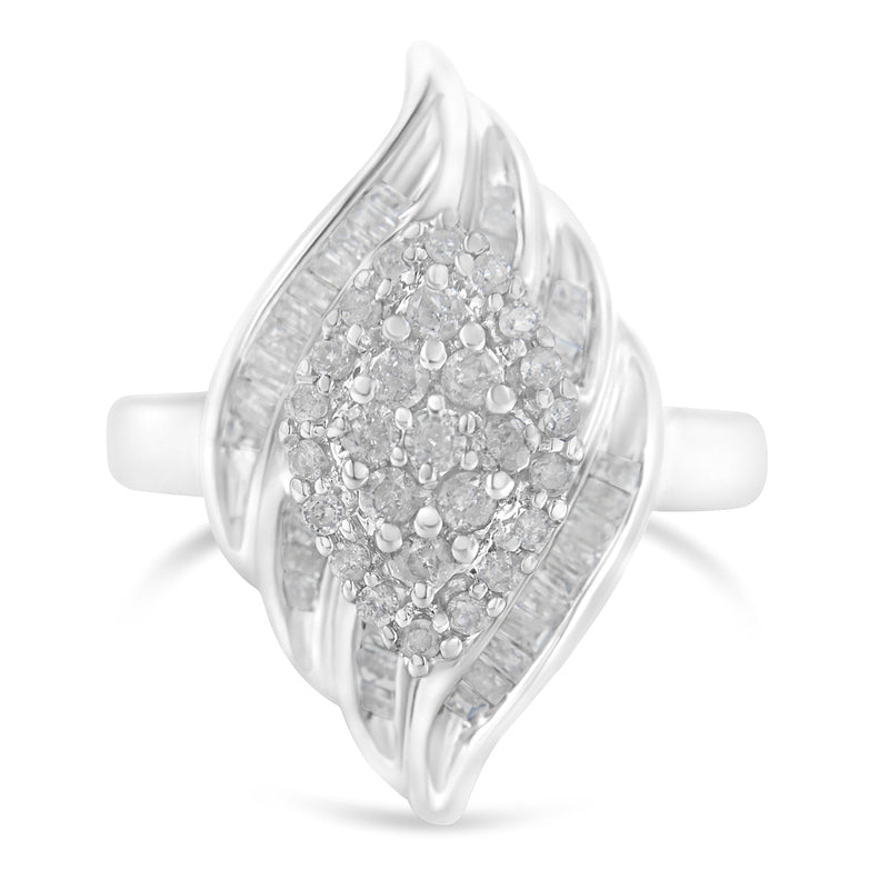Bids.com .925 Sterling Silver Â¾ Cttw Round and Baguette Cut Diamond Stair-Stepped Cluster Waterfall Cocktail Ring (I-J Color, I2-I3 Clarity) - Size 6 Rings