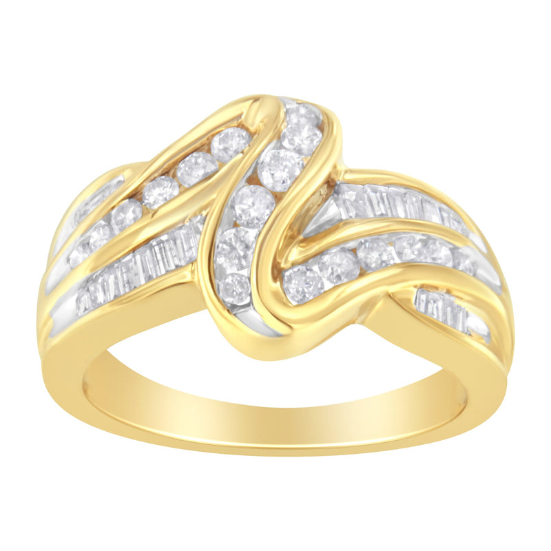 Bids.com 10K Yellow Gold 3/4 Cttw Channel Set Round and Baguette-cut Diamond Double Shank Bypass Ring (J-K Color, I1-I2 Clarity) - Size 6.75 Rings