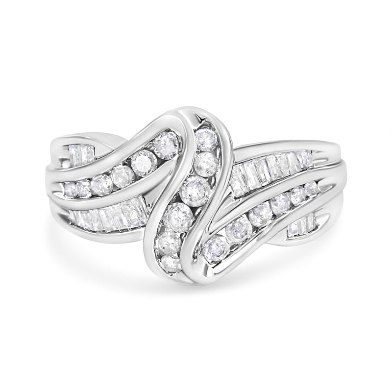 Bids.com 10K White Gold Ring 3/4 Cttw Round and Baguette-Cut Diamond Bypass Ring (H-I Color, I2-I3 Clarity) - Size 6 Rings