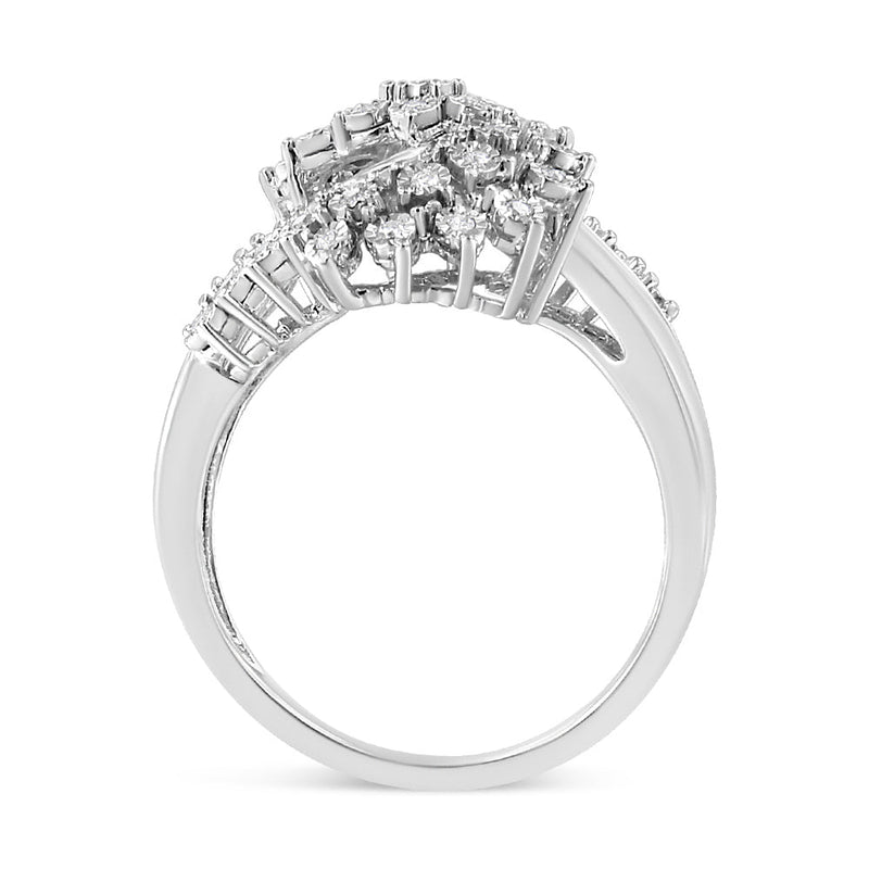 Bids.com 10K White Gold 1/2 Cttw Round and Baguette-Cut "S" Shaped Bypass Cocktail Ring (I-J Color, I1-I2 Clarity) - Size 7 Rings
