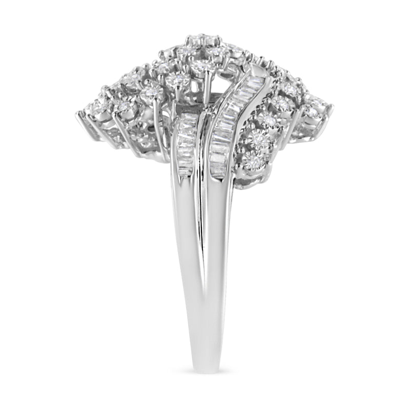 Bids.com 10K White Gold 1/2 Cttw Round and Baguette-Cut "S" Shaped Bypass Cocktail Ring (I-J Color, I1-I2 Clarity) - Size 7 Rings