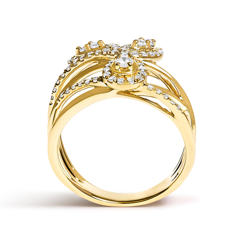 Bids.com 10K Yellow Gold 1/2 Cttw Diamond Crossover 3 Leaf Floral Cocktail Ring Band (H-I Color, SI1-SI2 Clarity)  - Size 7 Rings