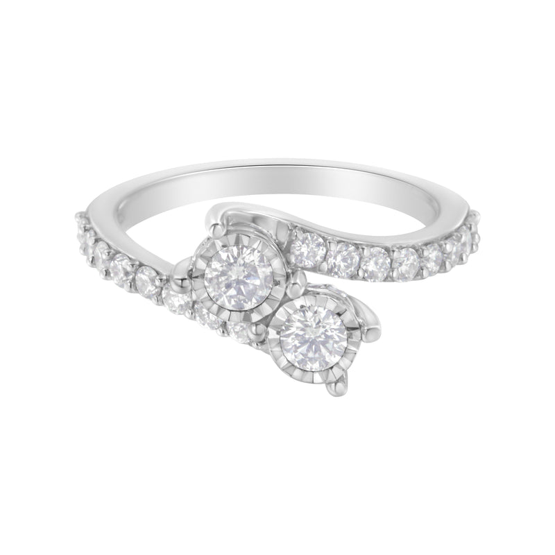 Bids.com 10K White Gold Two-Stone Miracle-Set Diamond Bypass Ring (1 Cttw, H-I Color, I1-I2 Clarity) - Size 6 Rings