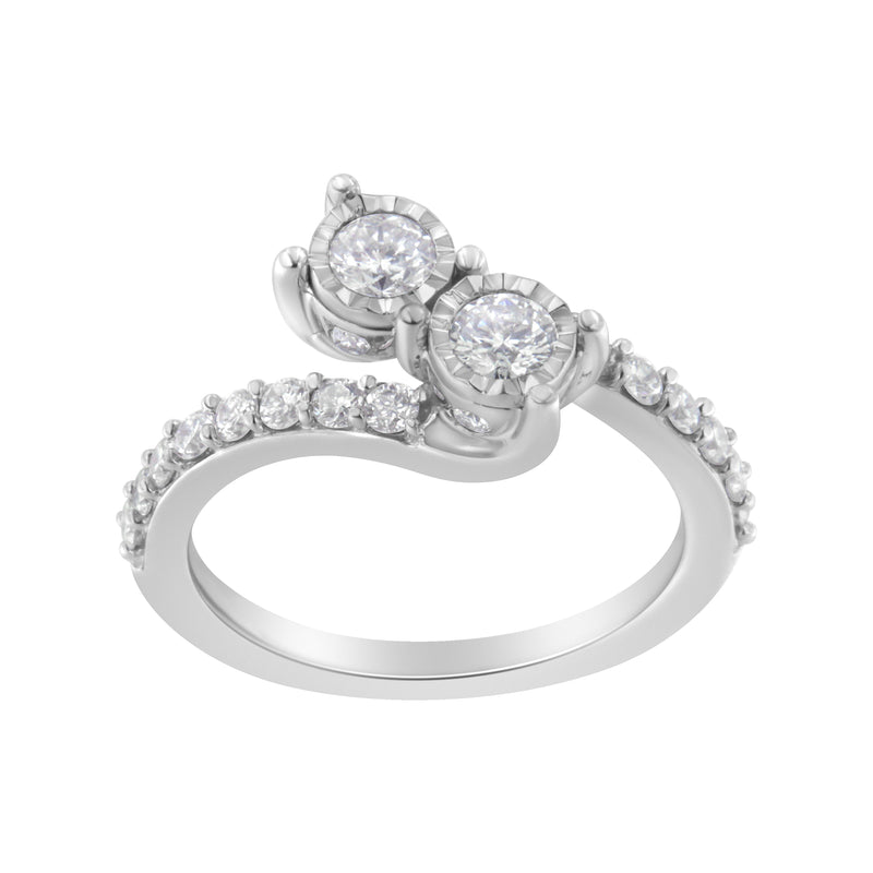 Bids.com 10K White Gold Two-Stone Miracle-Set Diamond Bypass Ring (1 Cttw, H-I Color, I1-I2 Clarity) - Size 6 Rings