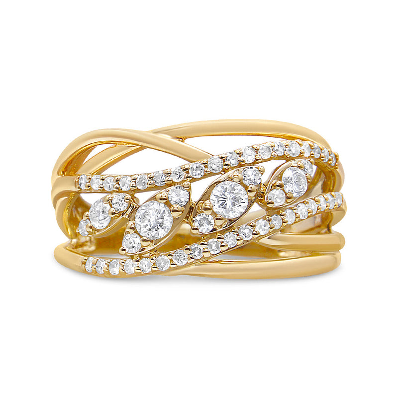 Bids.com 10K Yellow Gold 1/2 Cttw Round-Cut Multi Row Diamond Split Shank Cocktail Ring (H-I Color, SI2-I1 Clarity) - Size 7 Rings