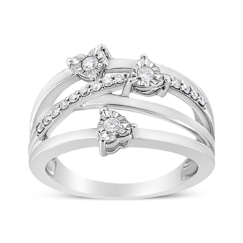 Bids.com .925 Sterling Silver 1/5 Cttw Miracle-Set Diamond Heart Cross-Over Bypass Ring (I-J Color, I2-I3 Clarity) - Size 7 Rings