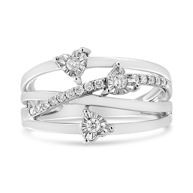 Bids.com .925 Sterling Silver 1/5 Cttw Miracle-Set Diamond Heart Cross-Over Bypass Ring (I-J Color, I2-I3 Clarity) - Size 7 Rings