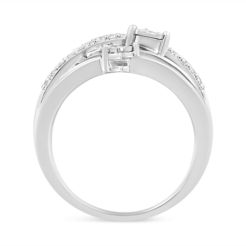 Bids.com .925 Sterling Silver 1/5 Cttw Miracle-Set Diamond Heart Cross-Over Bypass Ring (I-J Color, I2-I3 Clarity) - Size 7 Rings