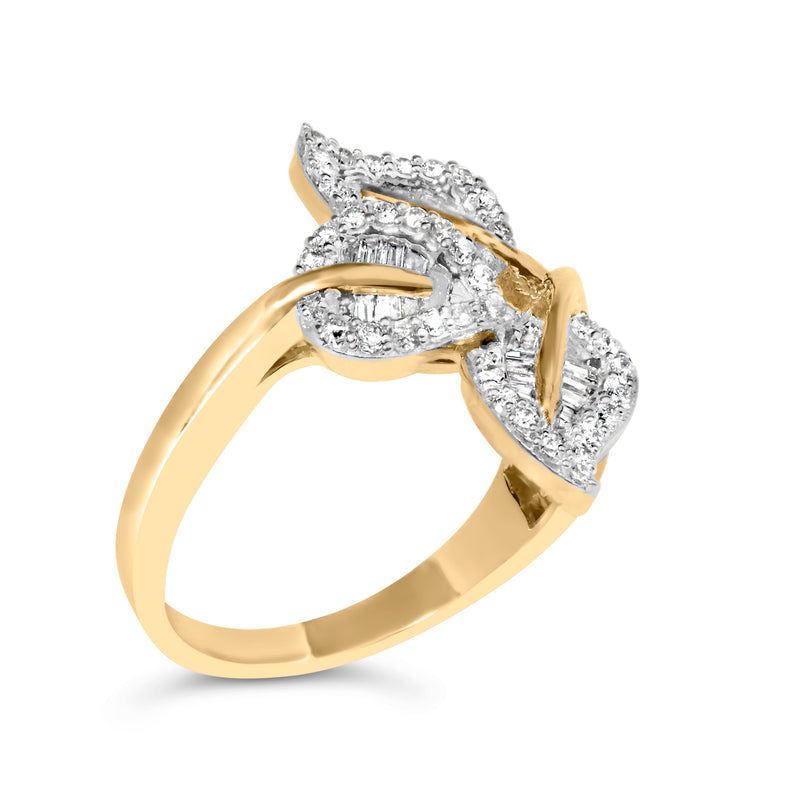 Bids.com 18K Yellow Gold Plated .925 Sterling Silver 1/2 Cttw Baguette and Round Diamond Bypass Triple Leaf Ring (I-J Color, I1-I2 Clarity) - Size 5 Rings