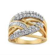 Bids.com 10K Yellow and White Gold 1.0 Cttw Round and Baguette-Cut Diamond Multirow Interwoven Cocktail Ring (I-J Color, I2-I3 Quality) - Size 7 Rings