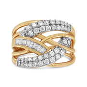 Bids.com 10K Yellow and White Gold 1.0 Cttw Round and Baguette-Cut Diamond Multirow Interwoven Cocktail Ring (I-J Color, I2-I3 Quality) - Size 7 Rings