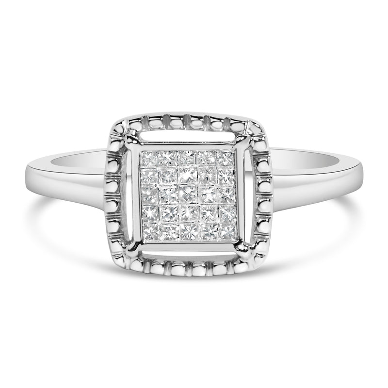 Bids.com .925 Sterling Silver 1/5 Cttw Invisible Set Princess Cut Diamond Promise Ring with Beaded Halo (H-I Color, I1-I2 Clarity) - Ring Size 7 Rings