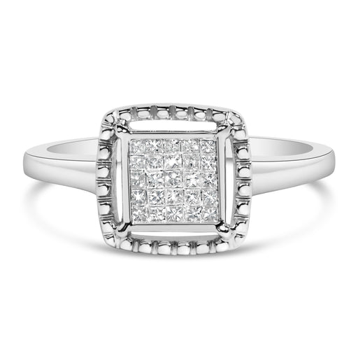 Bids.com .925 Sterling Silver 1/5 Cttw Invisible Set Princess Cut Diamond Promise Ring with Beaded Halo (H-I Color, I1-I2 Clarity) - Ring Size 7 Rings